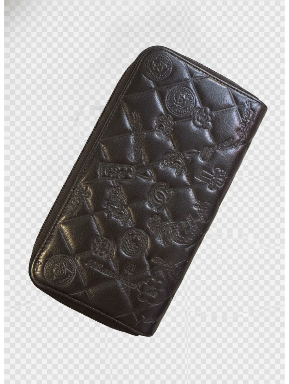 Chanel Black Quilted Leather Zip-Around Wallet with Embossed Logo Pattern